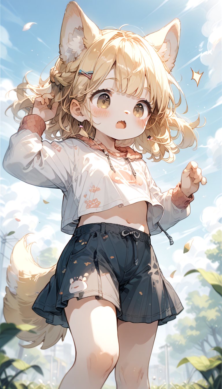 score_9_up, score_8_up, score_7_up,score_6_up,score_5_up,source_anime,source_furry,masterpiece,best quality,illustration,cute,kawaii,1girl,solo,dog ears,blonde hair,french braid,gradient brown eyes,midriff,groin,Deformed,feral furry,(underboob:0.8),wind,from below,surprised,blush