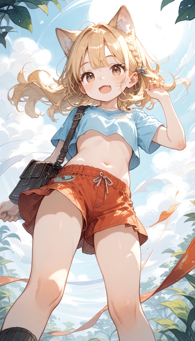 score_9_up, score_8_up, score_7_up,score_6_up,score_5_up,source_anime,source_furry,masterpiece,best quality,illustration,cute,kawaii,1girl,solo,dog ears,blonde hair,french braid,gradient brown eyes,midriff,groin,Deformed,feral furry,(underboob:0.8),wind,from below