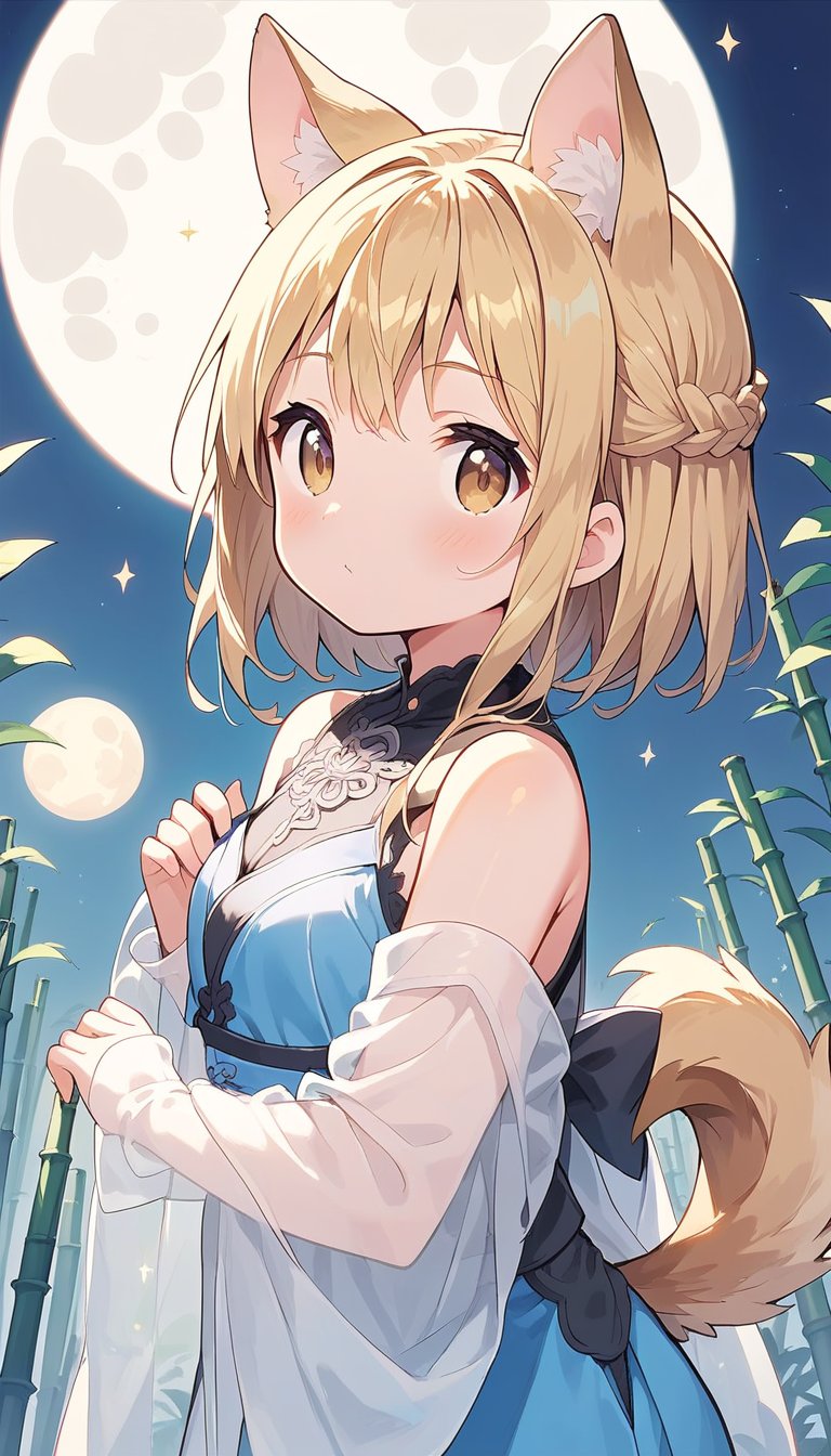  score_9_up, score_8_up, score_7_up,score_6_up,score_5_up,source_anime,masterpiece,best quality,illustration,cute,kawaii,1girl,solo,blonde hair,french_braid,dog ears,gradient brown eyes,(tanabata:1.2),tanzaku,(silver bamboo thicket),blue full moon,(mysterios),kimono Ethnic Dress,(see-through long shawl:1.3),see-through detatched sleeves,