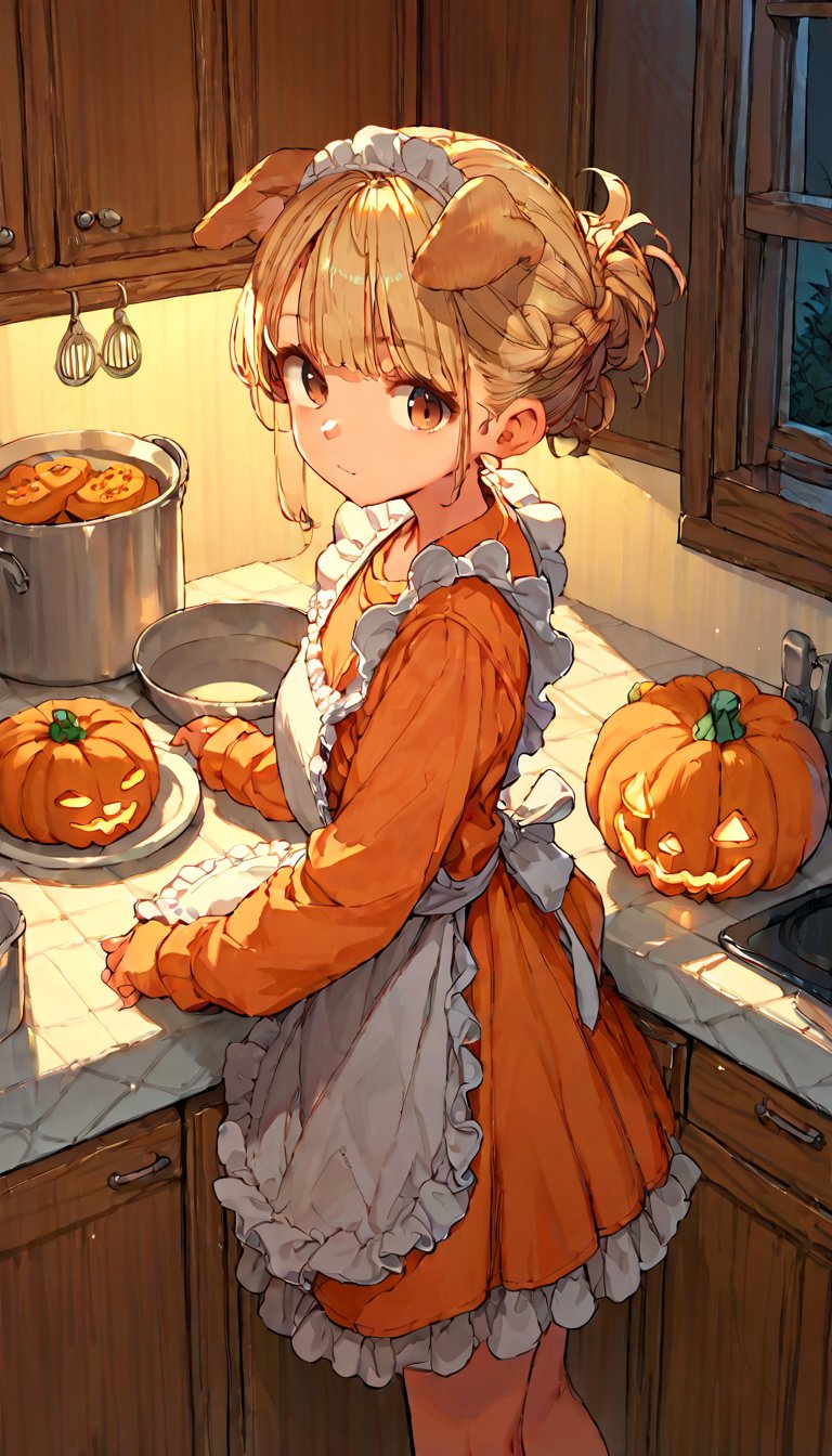 score_9, score_8up, score_7up, score_6up, score_5up,source_anime,cute,1girl,solo,blonde hair,dog ears fluff,french braid,brown eyes,making Pumpkin pudding,indoors,kitchen,frills apron dress,night,confuse