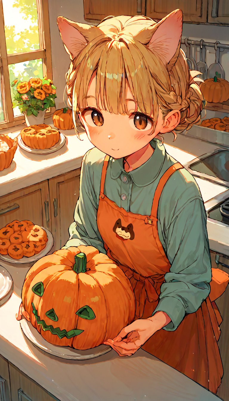 score_9, score_8up, score_7up, score_6up, score_5up,source_anime,cute,kawaii,1girl,solo,blonde hair,dog ears fluff,french braid,brown eyes,making Pumpkin pudding,indoors,kitchen,