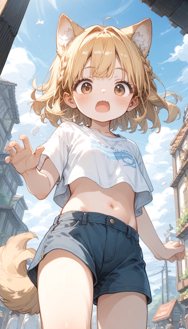 score_9_up, score_8_up, score_7_up,score_6_up,score_5_up,source_anime,source_furry,masterpiece,best quality,illustration,cute,kawaii,1girl,solo,dog ears,blonde hair,french braid,gradient brown eyes,midriff,groin,Deformed,feral furry,(underboob:0.8),wind,from below,surprised,blush