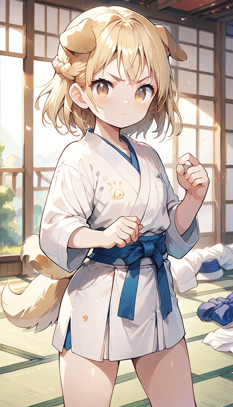 score_9_up, score_8_up, score_7_up,score_6_up,score_5_up,source_anime,masterpiece,best quality,illustration,cute,kawaii,1girl,solo,blonde hair,french_braid,dog ears,gradient brown eyes,On the Olympic stage,judo cloth,bow,on tatami,judo,sutanding,serious,indoors,