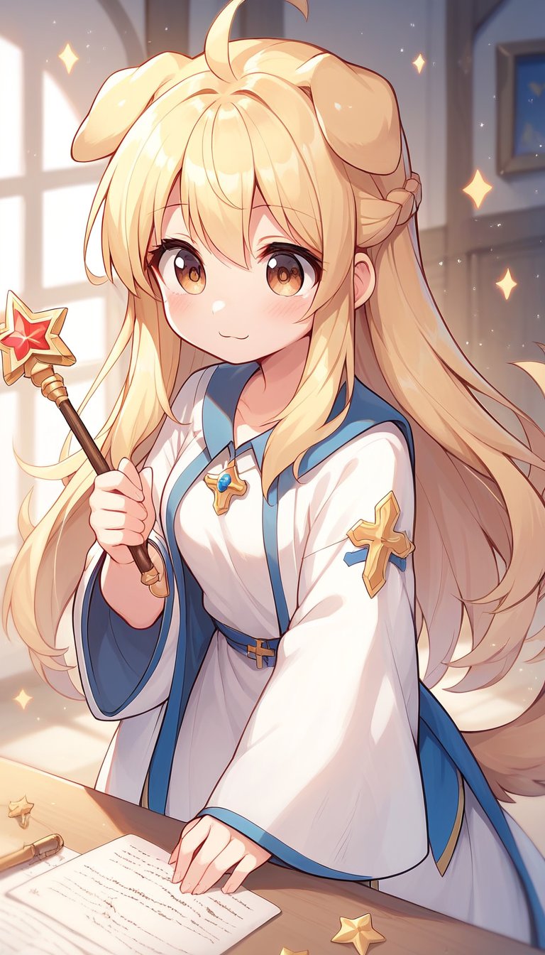 score_9_up, score_8_up, score_7_up,score_6_up,score_5_up,best quality,masterpiece,illustration,cute,kawaii,1girl,solo,dog ears,blonde hair,french braid,gradient brown eyes,healing magic,wand,priestess