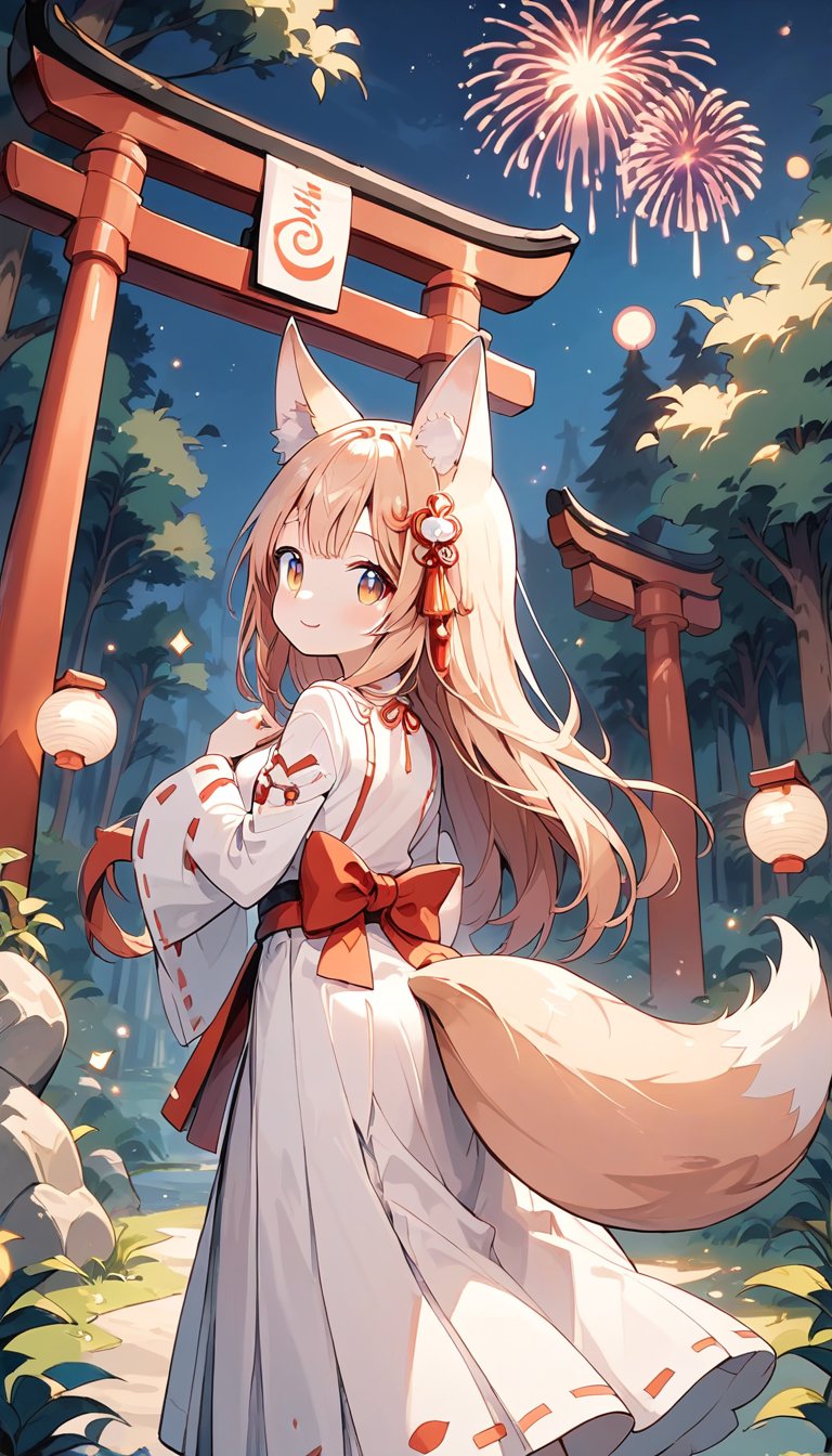 score_9_up, score_8_up, score_7_up,score_6_up,score_5_up,source_anime,masterpiece,best quality,illustration,cute,kawaii,1girl,solo,sliver hair,long hair,fox ears,fox tails,formal miko dress primarily white with golden and red embroidery,The hem of the dress flares out gracefully,perfectly complementing her overall look,looking back,torii,shrine gate,fireworks,(dark forest:1.3),(mid night:1.3),silence