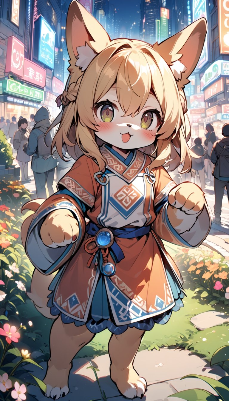 1girl,solo,dog ears,french braid,blonde hair,detailed and gradient brown eyes,(knight dress:1.1),(ainu dress:1.1),standing
BREAK
outdoors,spring flower garden,night,(cybercity:1.3),magnificent view
BREAK
masterpiece,best quality,ultra detailed,highres,absurdres,illustration,cute,kawaii,perfect arrangement,(brave:1.3),(furry:1.15),furry