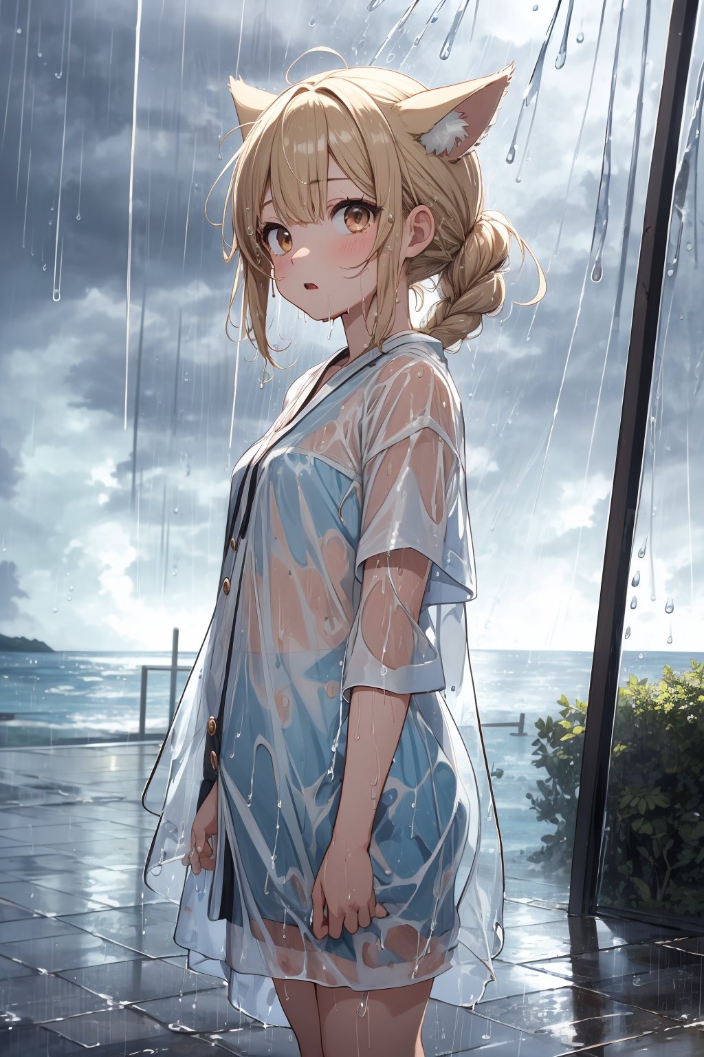 masterpiece,best quality,ultra detailed,highres,absurdres,illustration,cute,kawaii,BREAK 1girl,solo,dog ears,french braid,blonde hair,detailed and gradient brown eyes,(downpour:1.5),(wet clothes:1.0),(see-through:1.0),stunned look,(shock:1.3) BREAK outdoors,(rainy:1.3),heavy rainstorm,beach,ocean,,okinawa,magnificent view,overlooking,