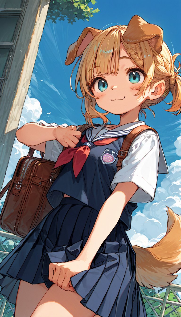 score_9, score_8up, score_7up, score_6up, score_5up,source_anime,source_furry,cute,kawaii,1girl,solo,blonde hair,french braid,dog ears,school uniform,clear blue sky,