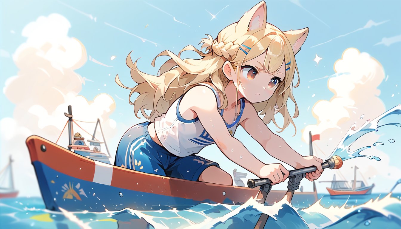 score_9_up, score_8_up, score_7_up,score_6_up,score_5_up,source_anime,masterpiece,best quality,illustration,cute,kawaii,1girl,solo,blonde hair,french_braid,dog ears,gradient brown eyes,On the Olympic stage, a woman is rowing with all her might. Her face shows a serious expression, and you can see the tension in her muscles. Amidst the splashing water, her boat moves forward powerfully, with the audience’s eyes focused on her. Her figure, putting everything into this moment, truly embodies the beauty and tension of sports, score_9_up,(rowing:1.5),(row a boat with oars:1.3)