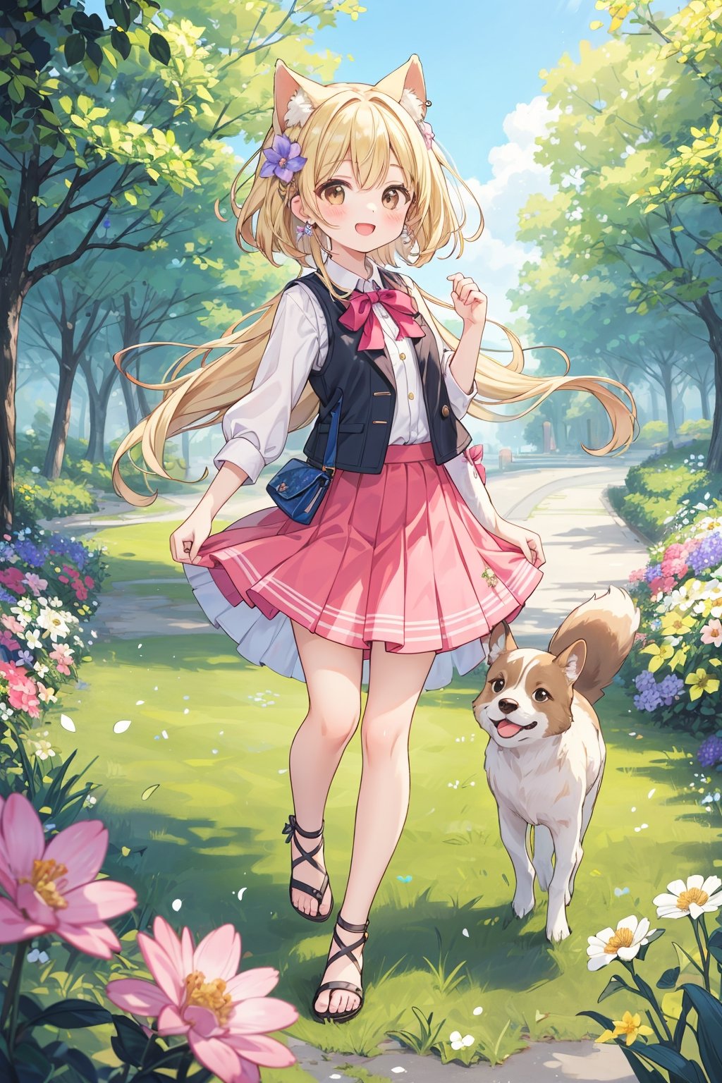 The illustration depicts a high school girl, dressed stylishly, in a bright early summer park. She is dressed lightly to match the early summer climate, with a big smile on her face. Around her, fresh green trees and colorful (flowers are in full bloom:1.3) 
BREAK
Her outfit is light to match the early summer climate, consisting of a flared skirt and blouse combination, sandals on her feet, giving refreshing impression. Her hair is long and flowing in the wind, with a small earring shining in her ear.vest
BREAK
1girl,solo,dog ears,french braid,blonde hair,detailed and gradient brown eyes,cute,kawaii,(from above:0.8)