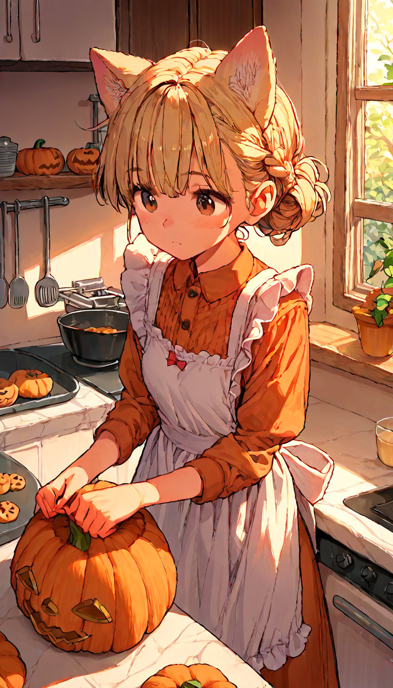 score_9, score_8up, score_7up, score_6up, score_5up,source_anime,cute,1girl,solo,blonde hair,dog ears fluff,french braid,brown eyes,making Pumpkin pudding,indoors,kitchen,frills apron dress,morning,confuse