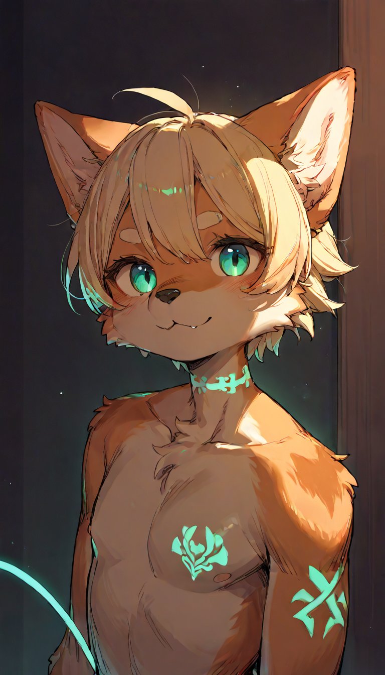 score_9, score_8up, score_7up, score_6up, score_5up,source_anime,source_furry,(furry:1.3),anthro,cute,kawaii,1girl,solo,dog ears,blonde hair,indoors,(dark room:1.3),(her body adorned with glowing neon green ainu tattoos:1.25),The intricateilluminate the shadows around her,high-contrast anime-style,