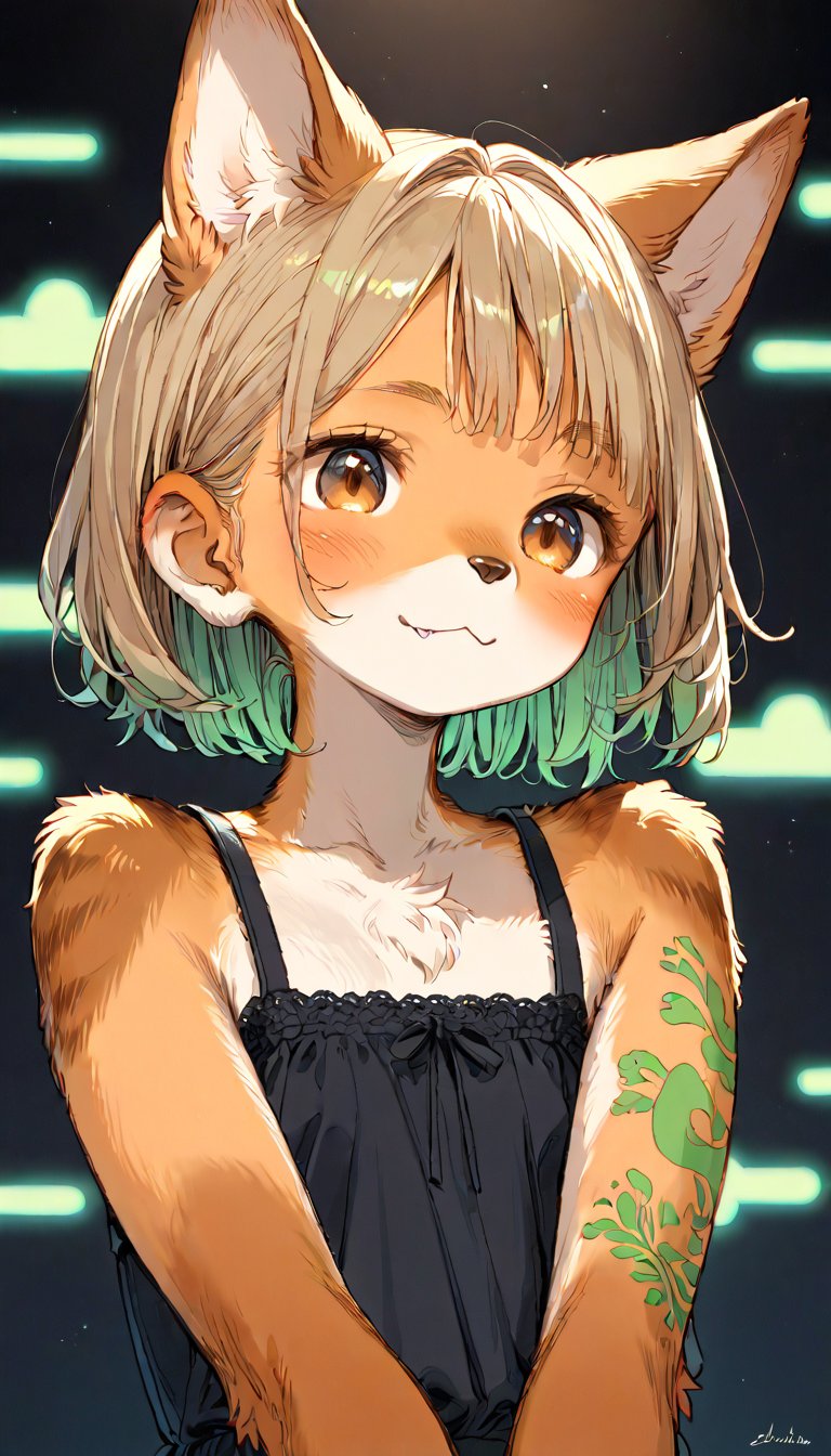 score_9, score_8up, score_7up, score_6up, score_5up,source_anime,source_furry,(furry:1.3),anthro,cute,kawaii,1girl,solo,dog ears,blonde hair,gradient brown eyes,indoors,(dark room:1.4),her body adorned with (glowing neon green geometric pattern tattoos all over body:1.5),The intricate geometric pattern illuminate the shadows around her,upper face,high-contrast anime-style,