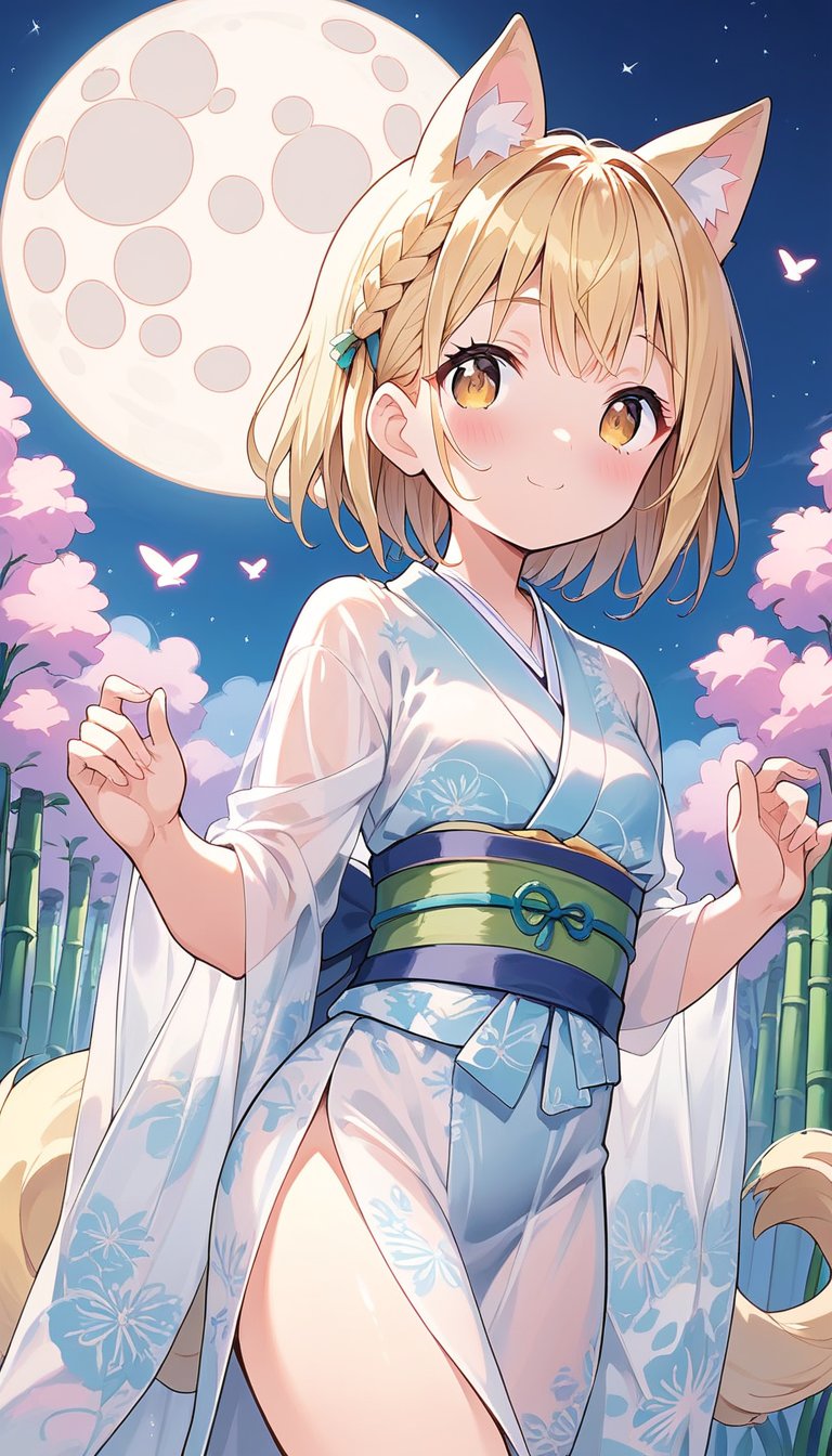  score_9_up, score_8_up, score_7_up,score_6_up,score_5_up,score_4_up,source_anime,masterpiece,best quality,illustration,cute,kawaii,1girl,solo,blonde hair,french_braid,dog ears,gradient brown eyes,(tanabata:1.2),tanzaku,(silver bamboo thicket),blue full moon,(mysterios:1.3),(heresy:1.4),supplication,kimono Ethnic Dress,(see-through long shawl:1.3),