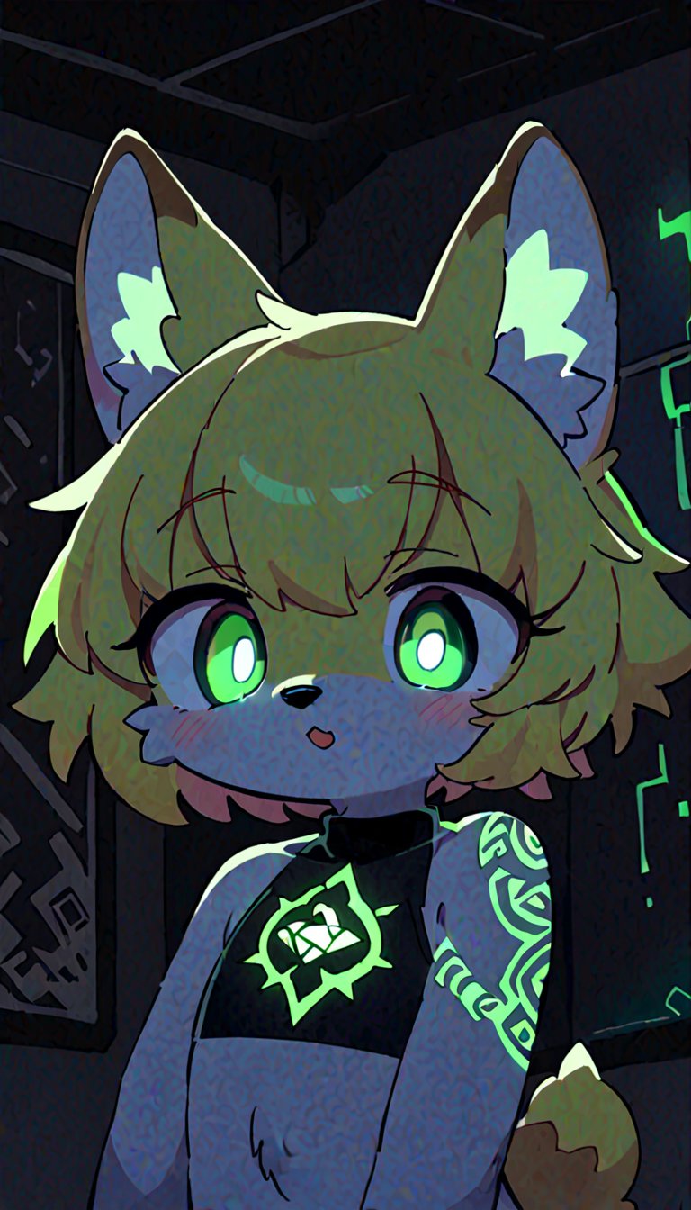 (furry:1.3),anthro,cute,kawaii,1girl,solo,dog ears,blonde hair,gradient brown eyes,indoors,(dark room:1.4),her body adorned with (glowing neon green zentangle heresy tattoos:1.4),(upper face:1.3),high-contrast anime-style,