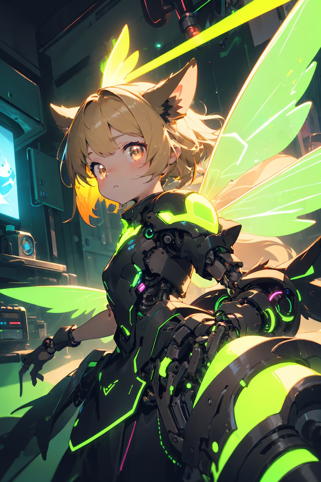 masterpiece,best quality,ultra detailed,highres,absurdres,illustratio,anthro,cute,kawaii,1girl,solo,dog ears,blonde hair,gradient brown eyes,(glowing neon green mechanical wings:1.3),high-contrast anime-style,(darkness room:1.3),fairy dress,