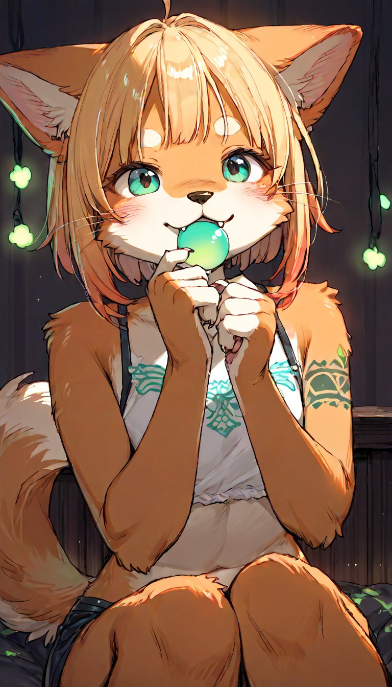 score_9, score_8up, score_7up, score_6up, score_5up,source_anime,source_furry,(furry:1.3),anthro,cute,kawaii,1girl,solo,dog ears,blonde hair,indoors,(dark room:1.3),her body adorned with (glowing neon green ainu tattoos:1.0),The intricateilluminate the shadows around her,high-contrast anime-style,