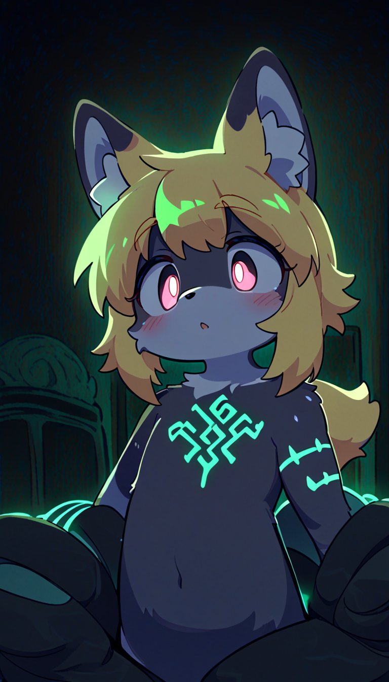 (furry:1.3),anthro,cute,kawaii,1girl,solo,dog ears,blonde hair,gradient brown eyes,indoors,(dark room:1.4),her body adorned with (glowing neon green Ancient magical tattoo,upper body:1.5),high-contrast anime-style,full body,