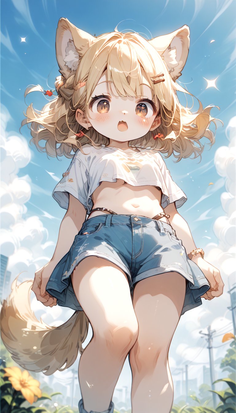 score_9_up, score_8_up, score_7_up,score_6_up,score_5_up,source_anime,source_furry,masterpiece,best quality,illustration,cute,kawaii,1girl,solo,dog ears,blonde hair,french braid,gradient brown eyes,midriff,groin,Deformed,feral furry,(underboob:0.95),wind,from below,surprised,blush,looking_at_viewer,miniskirt,arms in leg,beastonished