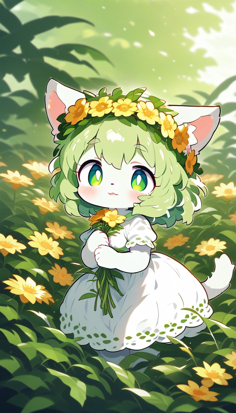 score_9_up, score_8_up, score_7_up,score_6_up,score_5_up,source_anime,masterpiece,best quality,illustration,cute,kawaii,1girl,solo,furry white cat female,white fur, cat tail, messy short green hair, flower crown, green eyes, thick green eyebrows, white and green dress,short sleeves,(royal:1.2),elegance,graceful,small breasts,high waist,light smile,(petite:1.2),source_furry,