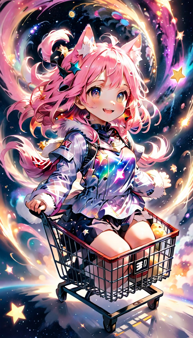 score_9_up, score_8_up, score_7_up,score_6_up,score_5_up,source_anime,masterpiece,best quality,illustration,cute,kawaii,1girl,solo,pink Iridescent hair,wofl girl,long hair,on shopping cart,The girl riding a shopping cart through warp space speeds forward as if cutting through the wind. Her hair dances in the breeze, and her eyes are filled with sparkle. Stars and galaxies spread out around the cart, creating a fantastical scene as if she is racing through the universe. Her smile is full of adventure, evoking a sense of limitless possibilities,source_furry,(furry:1.5)