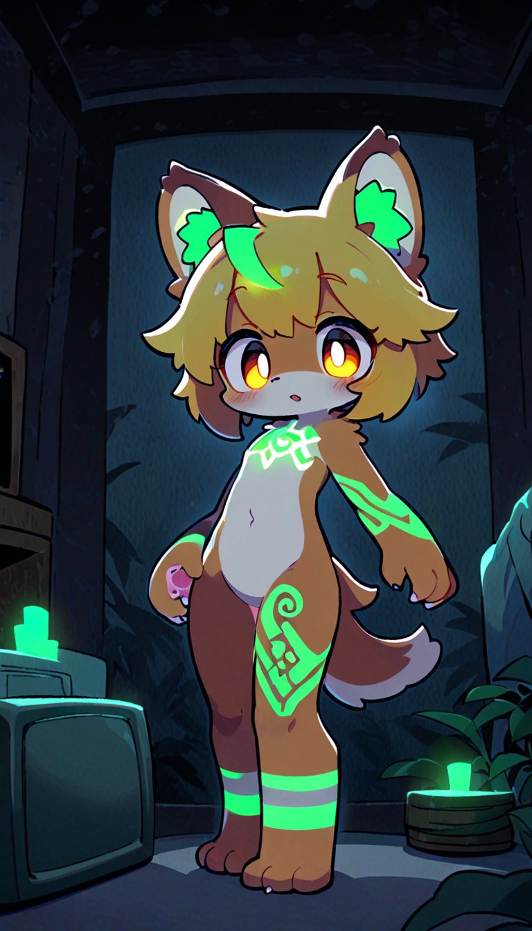 (furry:1.3),anthro,cute,kawaii,1girl,solo,dog ears,blonde hair,gradient brown eyes,indoors,(dark room:1.4),her body adorned with (glowing neon green Ancient magical tattoo,on skin:1.5),high-contrast anime-style,full body,