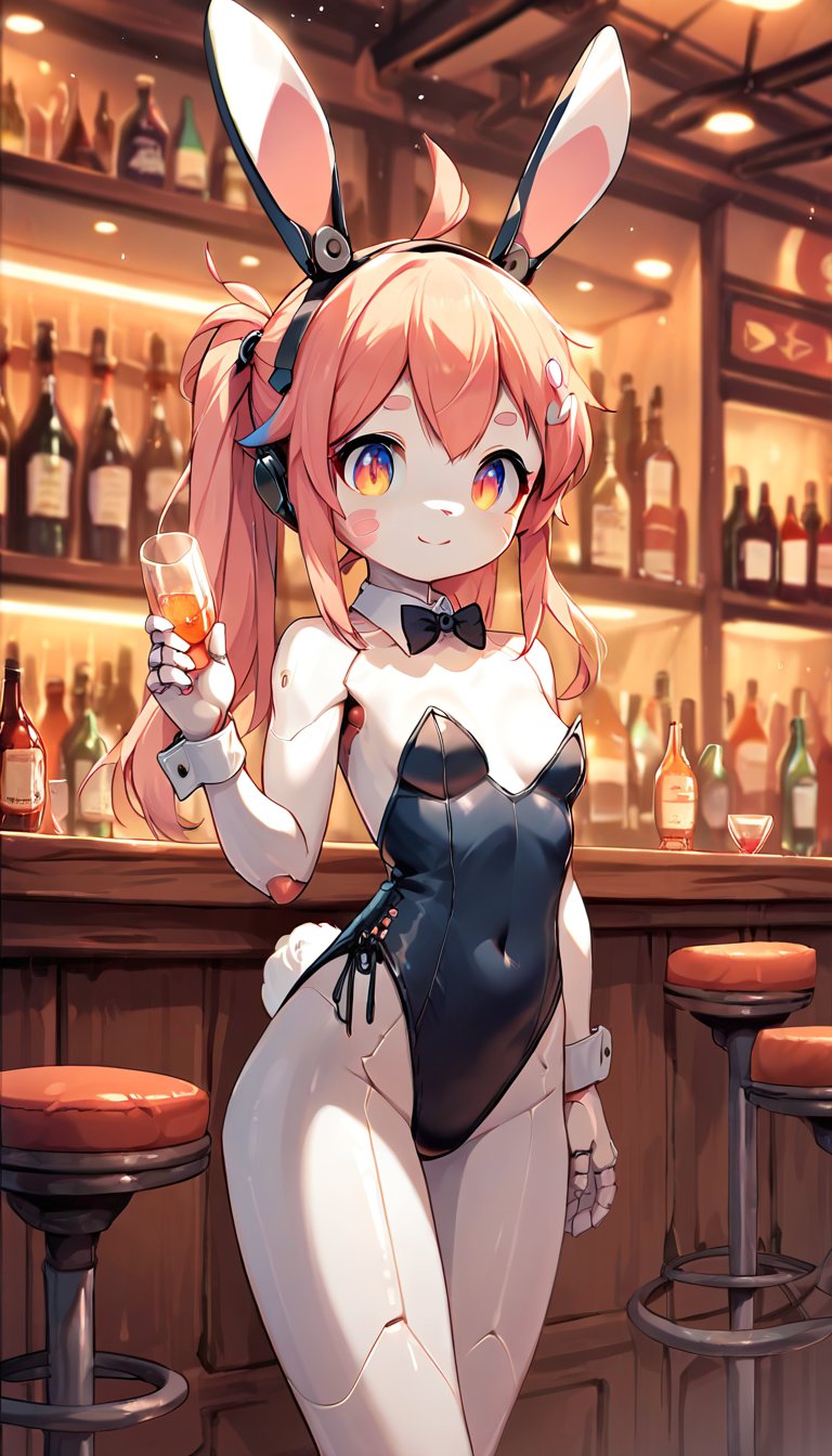 score_9_up, score_8_up, score_7_up,score_6_up,score_5_up,source_anime,masterpiece,best quality,illustration,cute,kawaii,1girl,solo,mechanical body,rabbit ears,playboy_bunny,indoors,bar,light smile,(petite:1.2),source_furry,(robot:1.0),large_breast