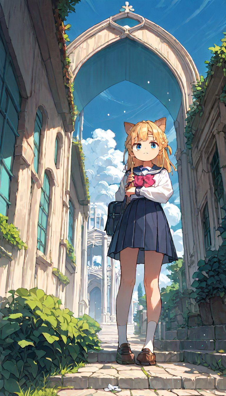 score_9, score_8up, score_7up, score_6up, score_5up,source_anime,cute,kawaii,1girl,solo,blonde hair,french braid,dog ears,school uniform,after rain,arch rainbow,clear blue sky