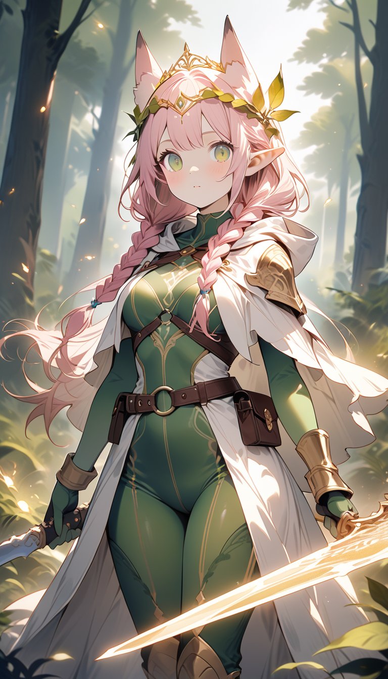 score_9_up, score_8_up, score_7_up,score_6_up,score_5_up,source_anime,masterpiece,best quality,illustration,cute,kawaii,1girl,solo,pink Iridescent hair,wofl girl,long hair,Enchanted Elven Knight
This costume combines the grace of an elf with the power of a knight, centered around a large, enchanted sword, The base is a sleek, forest green bodysuit with gold leaf embroidery along the seams, symbolizing her connection to nature, Over the bodysuit, a leather harness crisscrosses the torso, holding the scabbard for her large sword, The sword itself is massive, with a glowing blade inscribed with ancient elven runes, Her armor includes light, golden shoulder pauldrons and bracers, with intricate vine patterns, A flowing, semi-translucent cape with a hood, in shades of green and gold, billows behind her, adding an ethereal touch, She wears knee-high, lace-up boots with gold accents, 
BREAK
Accessories include a delicate, leaf-shaped tiara, and a belt with pouches for herbs and small vials, Her hair can be styled in loose waves with small braids woven with golden threads, Makeup focuses on a natural, glowing look with shimme