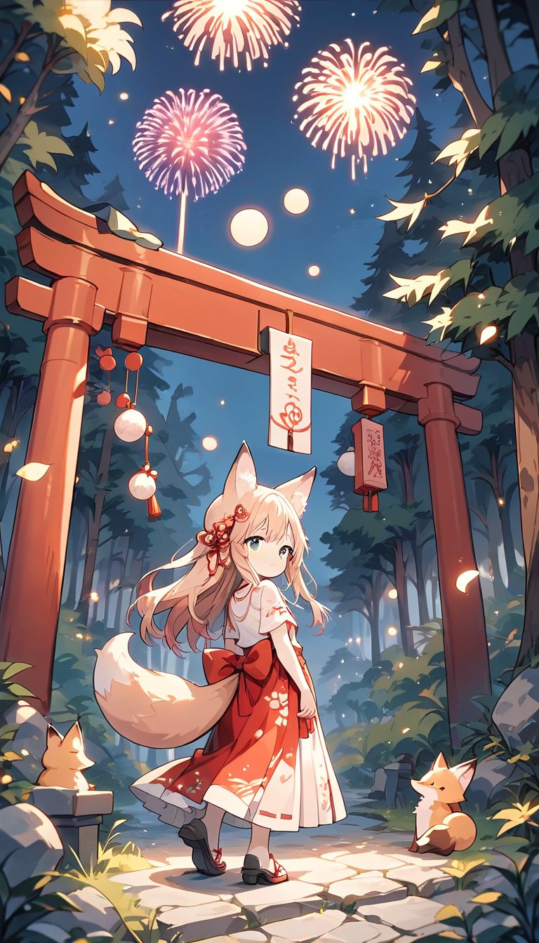 score_9_up, score_8_up, score_7_up,score_6_up,score_5_up,source_anime,masterpiece,best quality,illustration,cute,kawaii,1girl,solo,sliver hair,long hair,fox ears,fox tails,formal miko dress primarily white with golden and red embroidery,The hem of the dress flares out gracefully,perfectly complementing her overall look,looking back,torii,shrine gate,fireworks,(dark forest:1.3),(mid night:1.3),silence