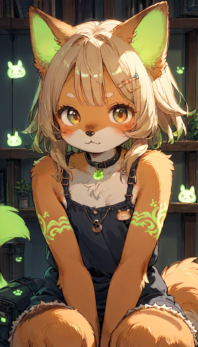 score_9, score_8up, score_7up, score_6up, score_5up,source_anime,source_furry,(furry:1.3),anthro,cute,kawaii,1girl,solo,dog ears,blonde hair,gradient brown eyes,indoors,(dark room:1.4),her body adorned with (glowing neon green geometric pattern tattoos all over body:1.5),The intricate geometric pattern illuminate the shadows around her,upper face,high-contrast anime-style,