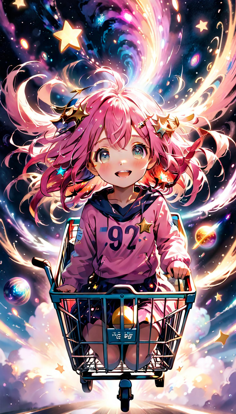 score_9_up, score_8_up, score_7_up,score_6_up,score_5_up,source_anime,masterpiece,best quality,illustration,cute,kawaii,1girl,solo,pink Iridescent hair,wofl girl,long hair,on shopping cart,The girl riding a shopping cart through warp space speeds forward as if cutting through the wind. Her hair dances in the breeze, and her eyes are filled with sparkle. Stars and galaxies spread out around the cart, creating a fantastical scene as if she is racing through the universe. Her smile is full of adventure, evoking a sense of limitless possibilities.