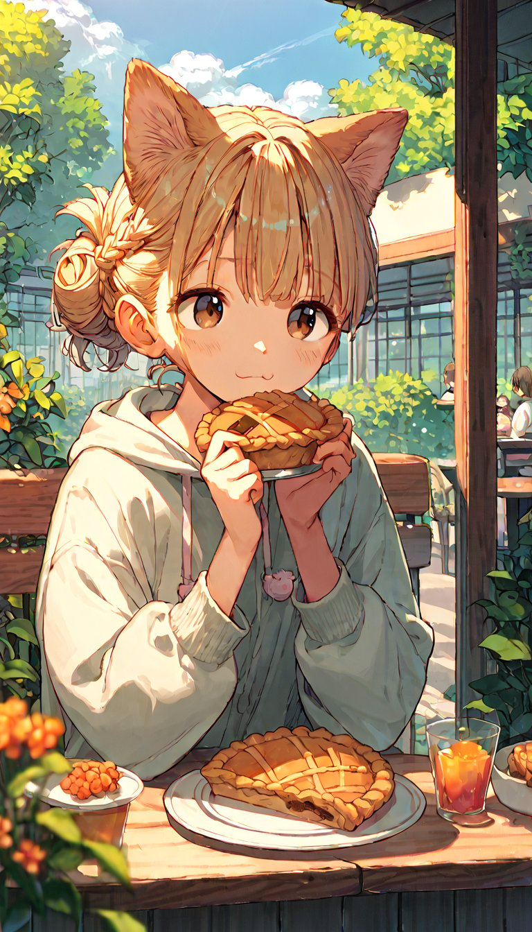 score_9, score_8up, score_7up, score_6up, score_5up,source_anime,cute,kawaii,1girl,solo,blonde hair,dog ears fluff,french braid,brown eyes,pie,outdoors,cafe,cozy,enraptured,daylight,