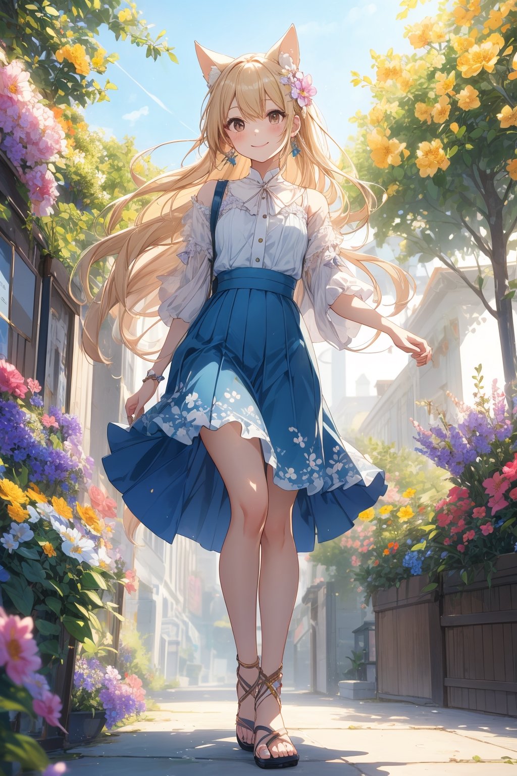 The illustration depicts a high school girl, dressed stylishly, in a bright early summer park. She is dressed lightly to match the early summer climate, with a big smile on her face. Around her, fresh green trees and colorful (flowers are in full bloom:1.3) 
BREAK
Her outfit is light to match the early summer climate, consisting of a flared skirt and blouse combination, sandals on her feet, giving an overall refreshing impression. Her hair is long and flowing in the wind, with a small earring shining in her ear.
BREAK
1girl,solo,dog ears,french braid,blonde hair,detailed and gradient brown eyes,cute,kawaii,