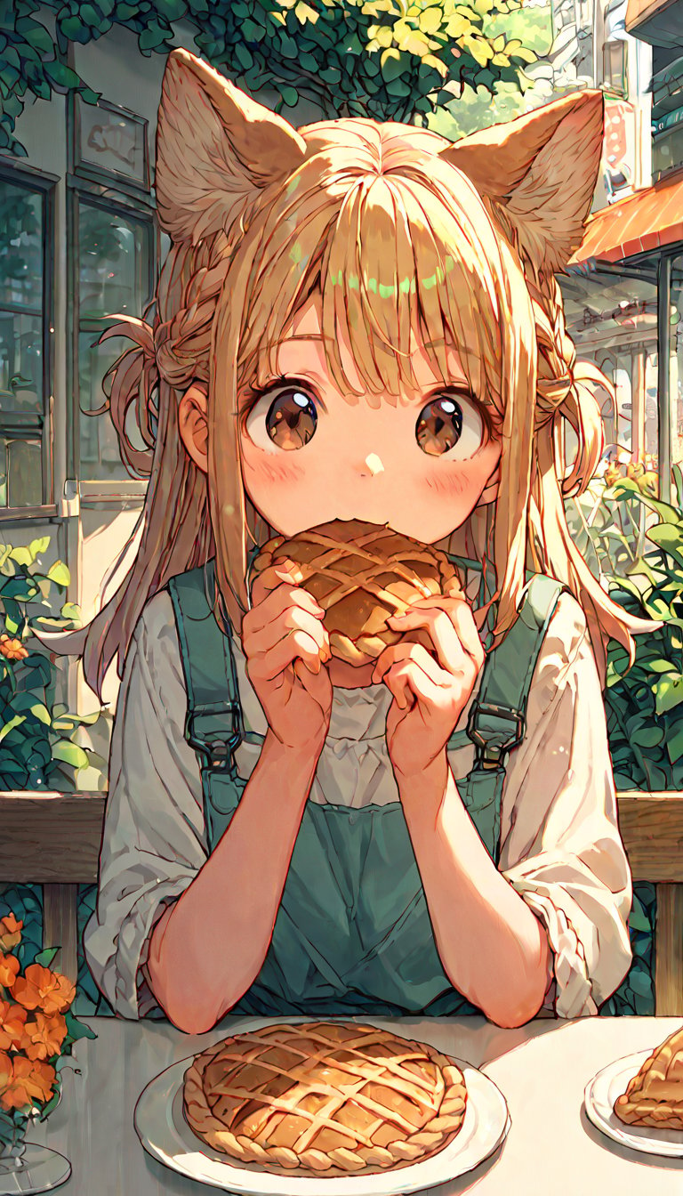 score_9, score_8up, score_7up, score_6up, score_5up,source_anime,cute,kawaii,1girl,solo,blonde hair,dog ears fluff,french braid,brown eyes,pie,outdoors,cafe,cozy,enraptured,daylight,