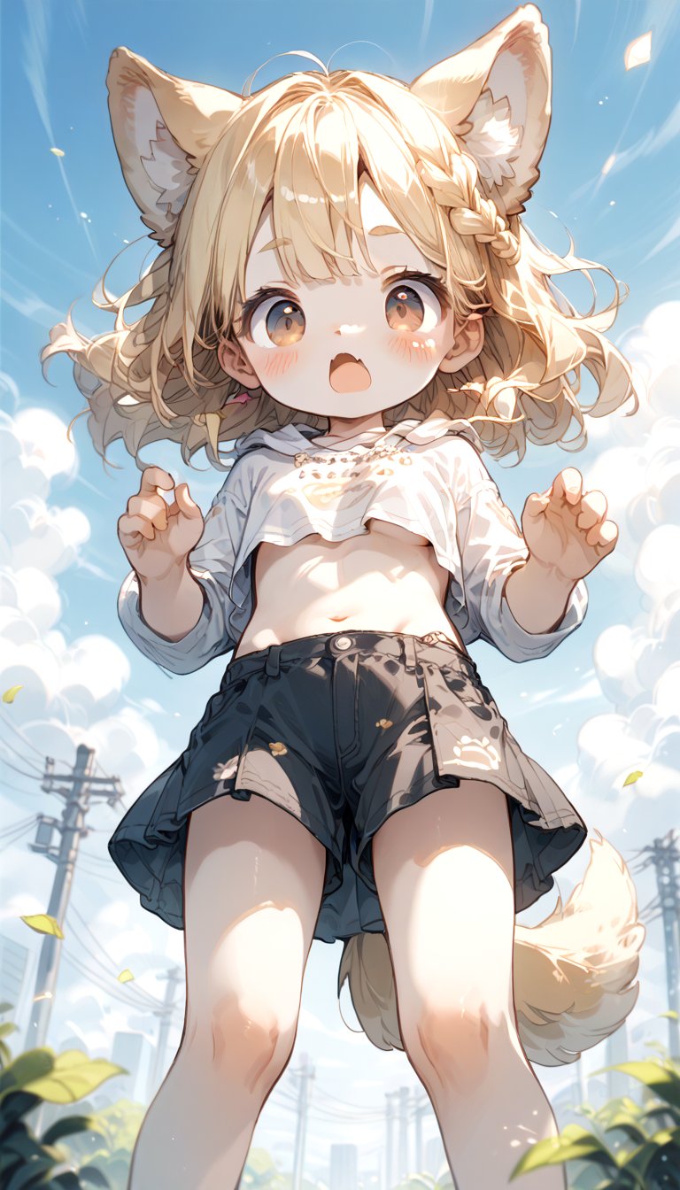 score_9_up, score_8_up, score_7_up,score_6_up,score_5_up,source_anime,source_furry,masterpiece,best quality,illustration,cute,kawaii,1girl,solo,dog ears,blonde hair,french braid,gradient brown eyes,midriff,groin,Deformed,feral furry,(underboob:0.95),wind,from below,surprised,blush,looking_at_viewer,miniskirt,arms in leg,beastonished