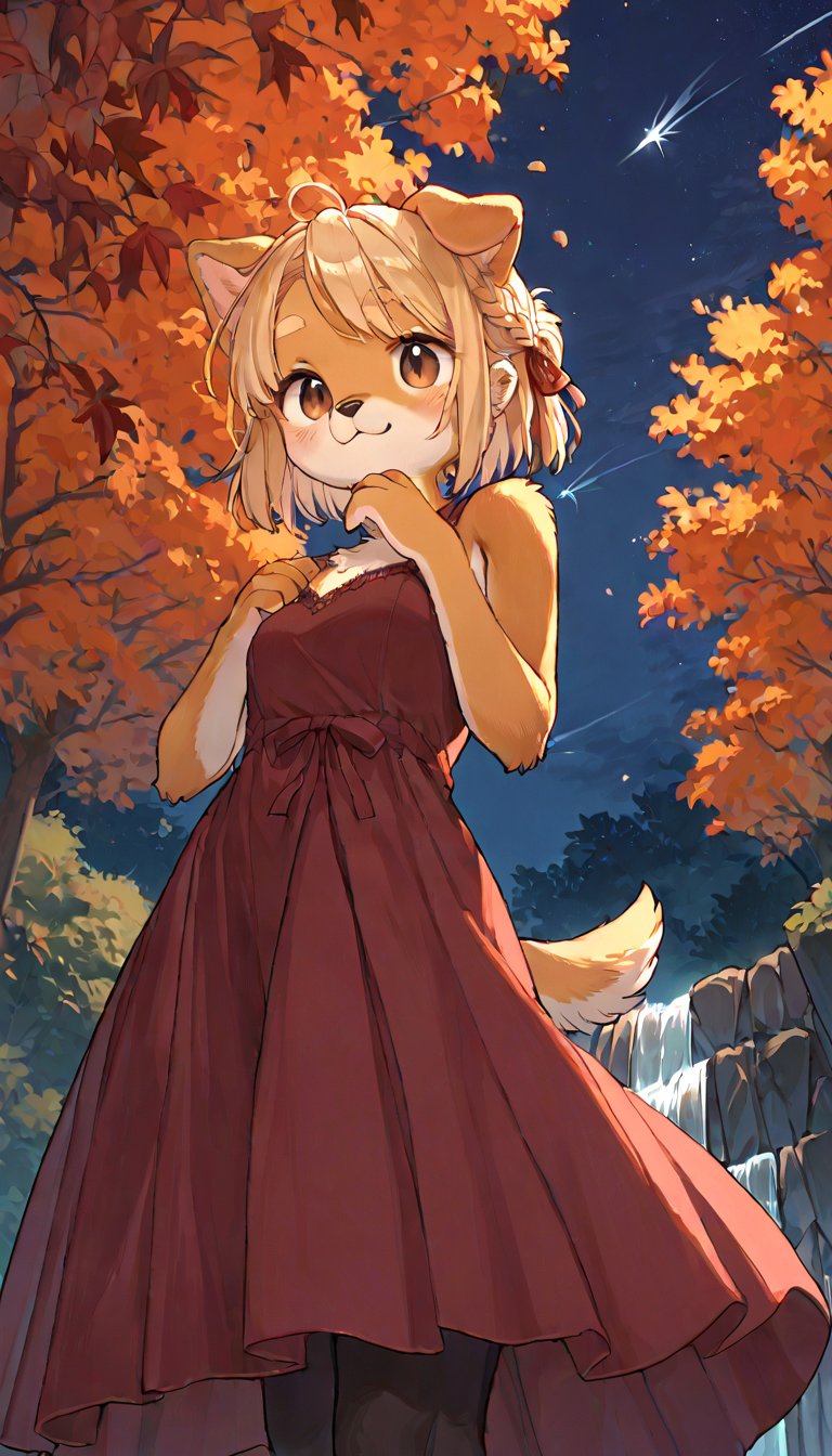 score_9, score_8up, score_7up, score_6up, score_5up,source_anime,source_furry,(furry:1.3),dog anthro,cute,kawaii,1girl,solo,blonde hair,dog ears fluff,french braid,brown eyes,evening dress,autumn,waterfall,night,(shooting star:1.3),(from below:1.3),black legwear,