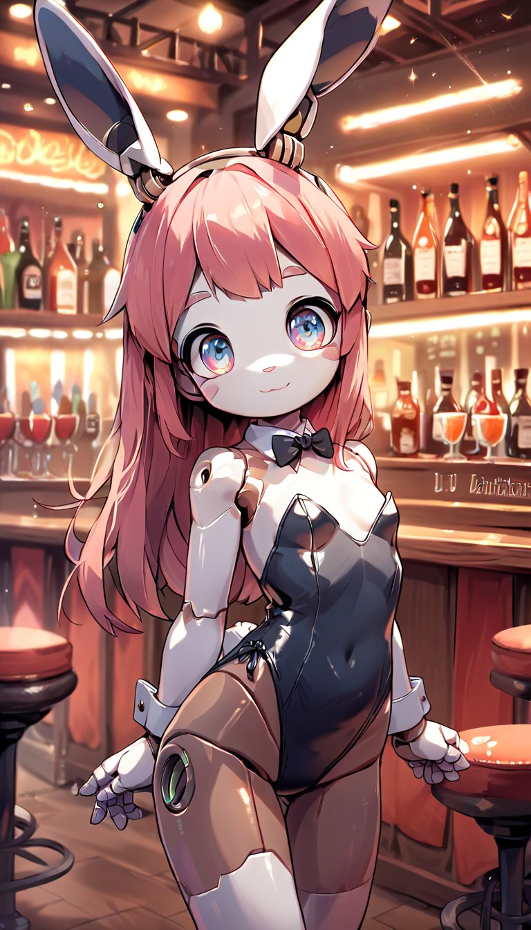 score_9_up, score_8_up, score_7_up,score_6_up,score_5_up,source_anime,masterpiece,best quality,illustration,cute,kawaii,1girl,solo,mechanical body,rabbit ears,playboy_bunny,indoors,bar,light smile,(petite:1.2),source_furry,(robot:1.3)