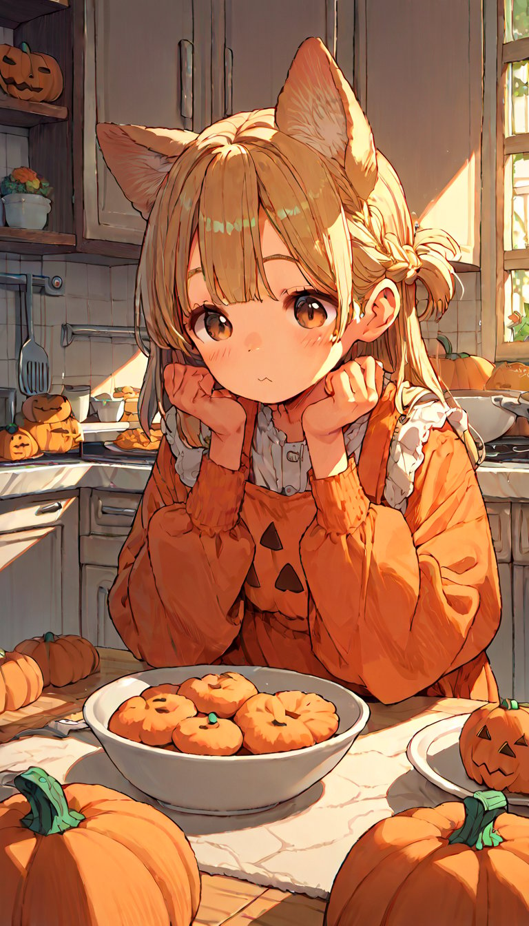 score_9, score_8up, score_7up, score_6up, score_5up,source_anime,cute,kawaii,1girl,solo,blonde hair,dog ears fluff,french braid,brown eyes,Pumpkin pudding,indoors,kitchen