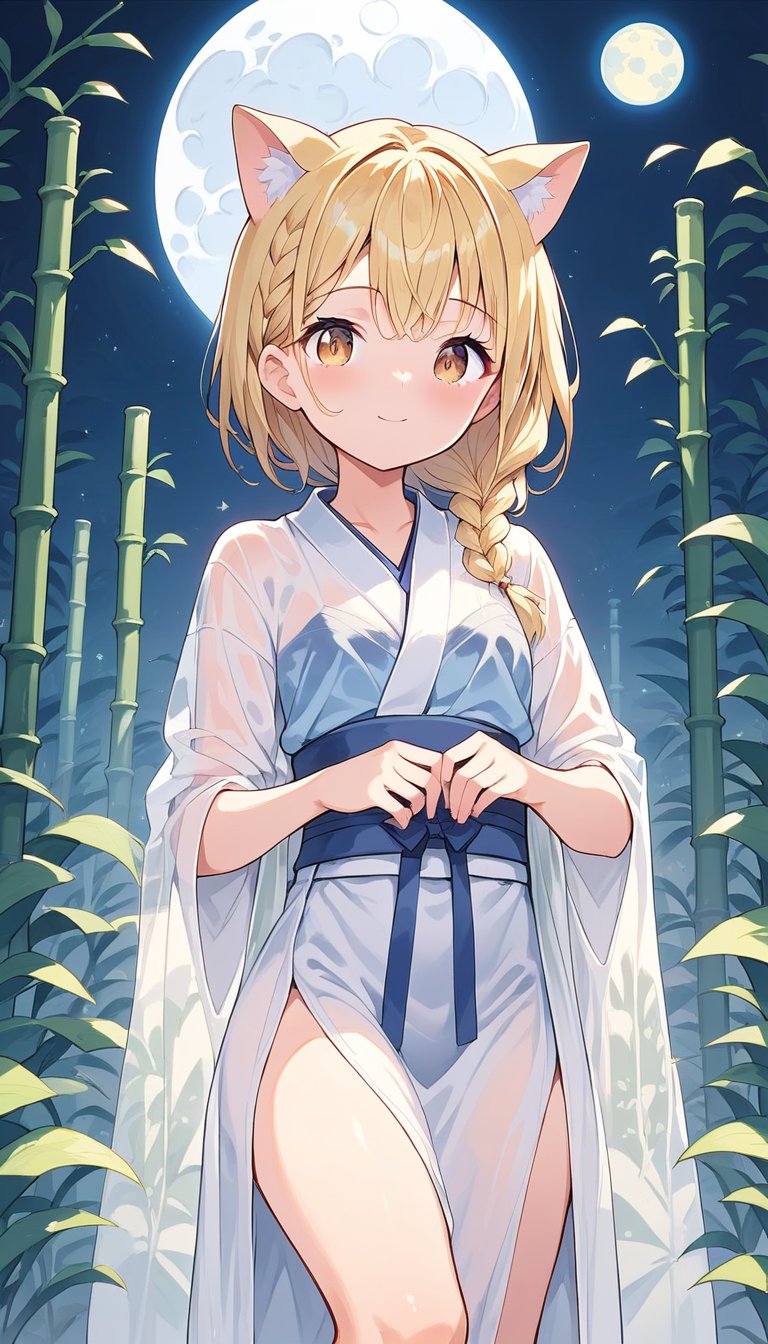  score_9_up, score_8_up, score_7_up,score_6_up,score_5_up,score_4_up,source_anime,masterpiece,best quality,illustration,cute,kawaii,1girl,solo,blonde hair,french_braid,dog ears,gradient brown eyes,(tanabata:1.2),tanzaku,(silver bamboo thicket),blue full moon,(mysterios:1.3),(heresy:1.4),supplication,kimono Ethnic Dress,(see-through long shawl:1.3),