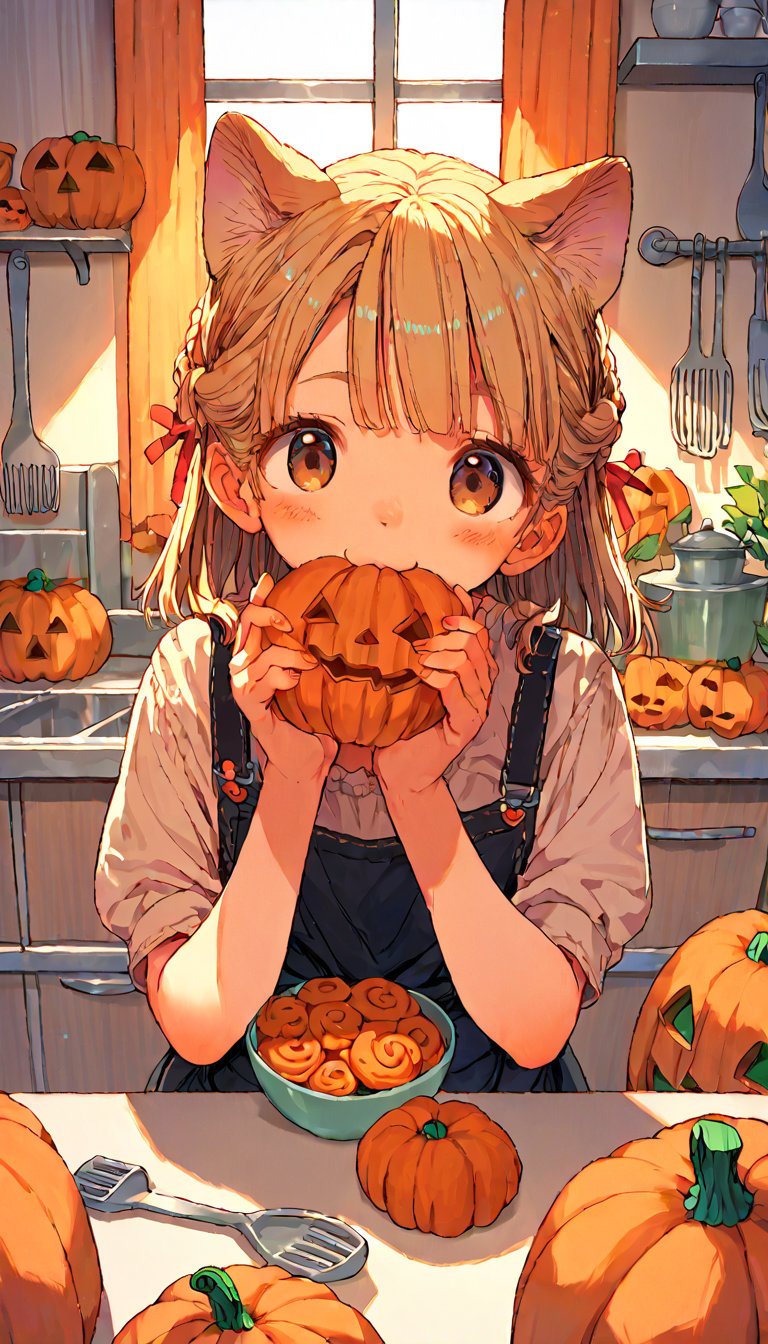 score_9, score_8up, score_7up, score_6up, score_5up,source_anime,cute,kawaii,1girl,solo,blonde hair,dog ears fluff,french braid,brown eyes,Pumpkin pudding,indoors,kitchen