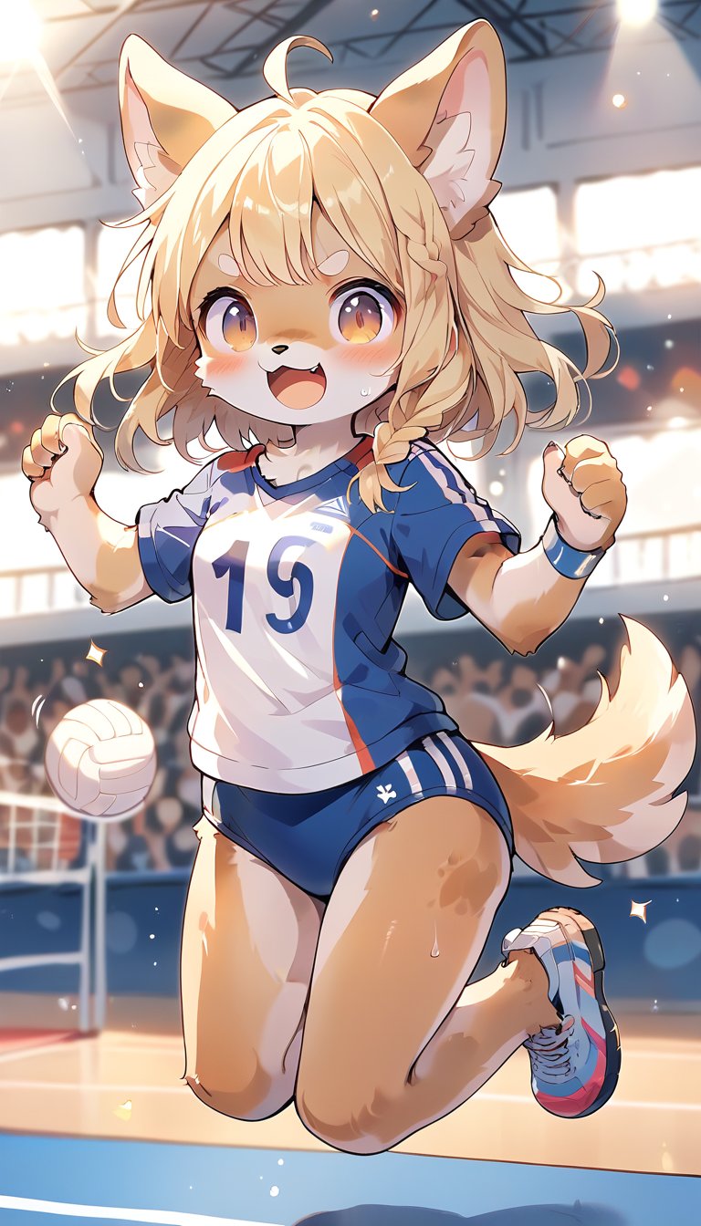  score_9_up, score_8_up, score_7_up,score_6_up,score_5_up,source_anime,masterpiece,best quality,illustration,cute,kawaii,1girl,solo,blonde hair,french_braid,dog ears,gradient brown eyes,On the Olympic stage,a girl playing volleyball. Her sporty posture and focused expression convey a strong determination to win.indoors,volleyball uniform,sweat,serious,(excited:1.1),open mouth,(furry:1.3),(high jumping attack:1.5),buruma