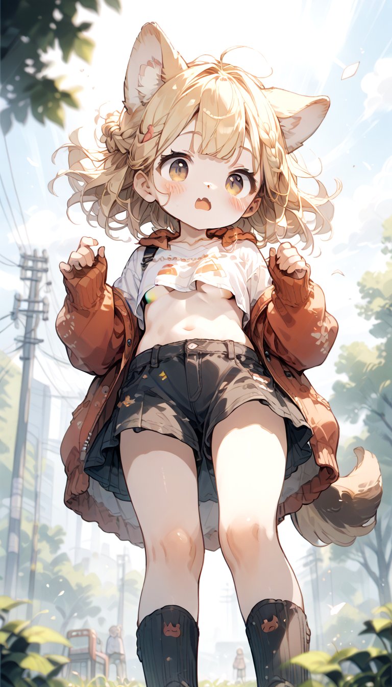 score_9_up, score_8_up, score_7_up,score_6_up,score_5_up,source_anime,source_furry,masterpiece,best quality,illustration,cute,kawaii,1girl,solo,dog ears,blonde hair,french braid,gradient brown eyes,midriff,groin,Deformed,feral furry,(underboob:0.95),wind,from below,surprised,blush,looking_at_viewer,miniskirt,arms in leg,beastonished,(pantie:0.7)