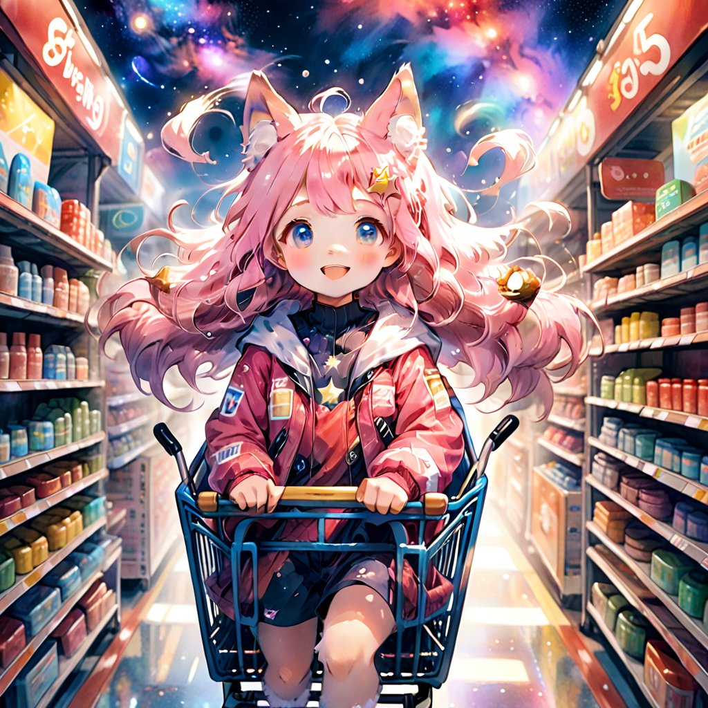 score_9_up, score_8_up, score_7_up,score_6_up,score_5_up,source_anime,masterpiece,best quality,illustration,cute,kawaii,1girl,solo,pink Iridescent hair,wofl girl,long hair,on shopping cart,The girl riding a shopping cart through warp space speeds forward as if cutting through the wind. Her hair dances in the breeze, and her eyes are filled with sparkle. Stars and galaxies spread out around the cart, creating a fantastical scene as if she is racing through the universe. Her smile is full of adventure, evoking a sense of limitless possibilities,source_furry,(furry:1.5),watercolor \(medium\),speed,speed_lines,(sense of speed:1.3)