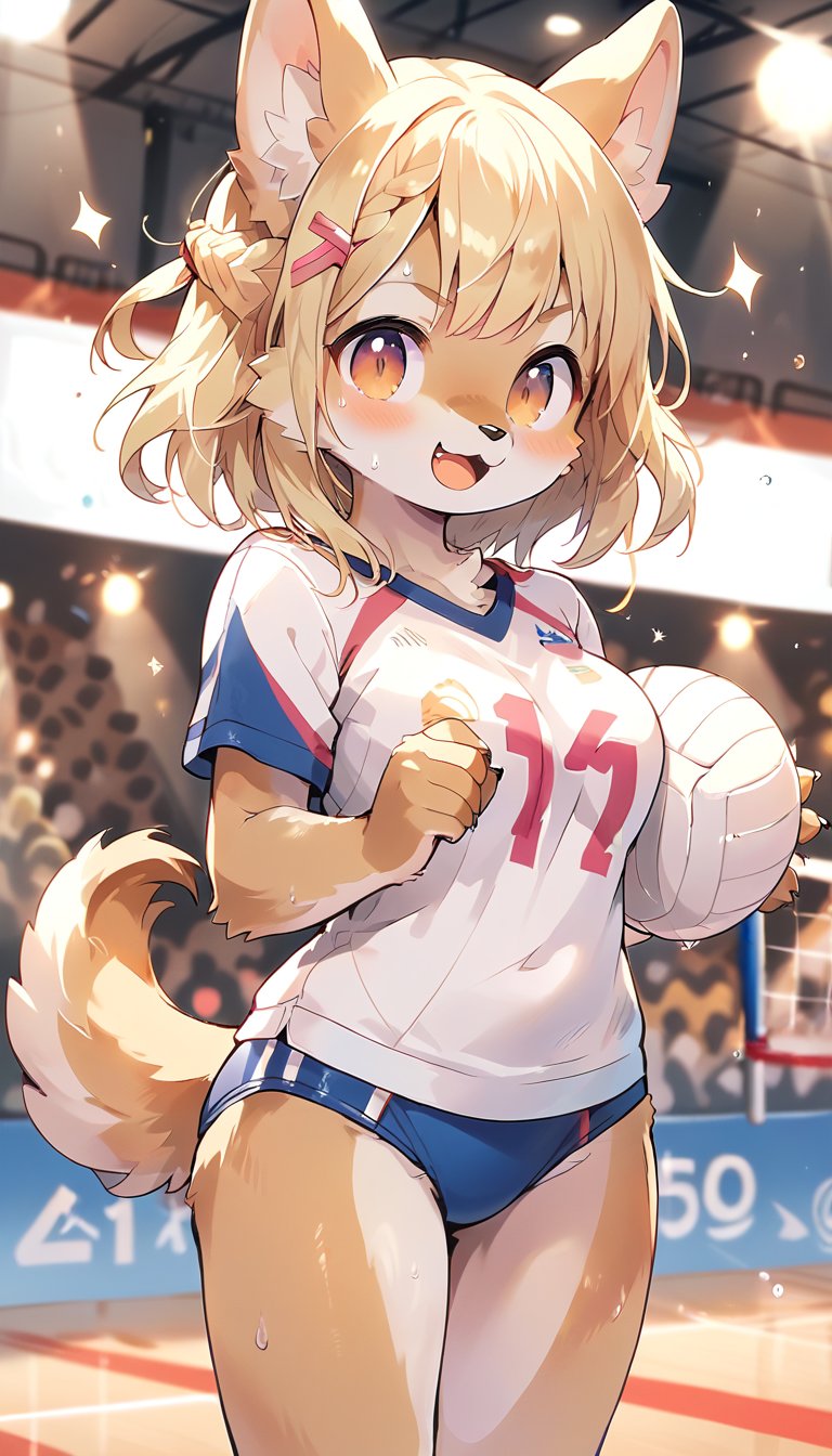  score_9_up, score_8_up, score_7_up,score_6_up,score_5_up,source_anime,masterpiece,best quality,illustration,cute,kawaii,1girl,solo,blonde hair,french_braid,dog ears,gradient brown eyes,On the Olympic stage,a girl playing volleyball. Her sporty posture and focused expression convey a strong determination to win.indoors,volleyball uniform,sweat,serious,(excited:1.1),open mouth,(furry:1.3),(Serving in volleyball:1.3),buruma,(very wide shot:1.3)