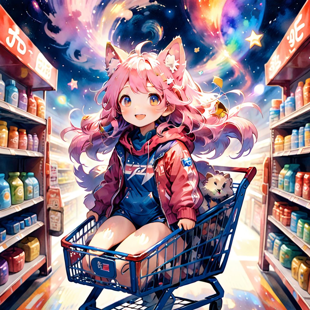 score_9_up, score_8_up, score_7_up,score_6_up,score_5_up,source_anime,masterpiece,best quality,illustration,cute,kawaii,1girl,solo,pink Iridescent hair,wofl girl,long hair,on shopping cart,The girl riding a shopping cart through warp space speeds forward as if cutting through the wind. Her hair dances in the breeze, and her eyes are filled with sparkle. Stars and galaxies spread out around the cart, creating a fantastical scene as if she is racing through the universe. Her smile is full of adventure, evoking a sense of limitless possibilities,source_furry,(furry:1.5),watercolor \(medium\),speed,speed_lines,(sense of speed:1.3),(swimsuit:1.2)