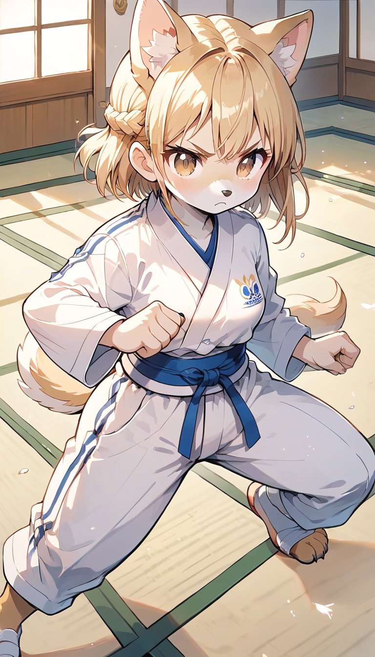 score_9_up, score_8_up, score_7_up,score_6_up,score_5_up,source_anime,masterpiece,best quality,illustration,cute,kawaii,1girl,solo,blonde hair,french_braid,dog ears,gradient brown eyes,paris olympic,judo, wearing judo wear,tatami,judo,sutanding,serious,indoors,furry,judo match,Olympic female judo athlete