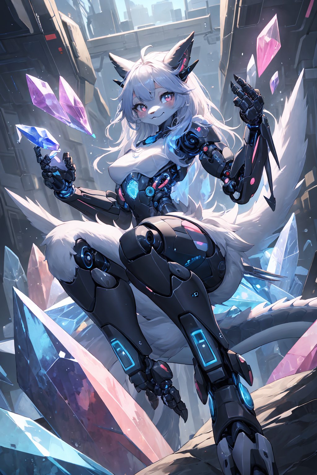 masterpiece,best quality,ultra detailed,highres,absurdres,illustratio,anthro,cute,kawaii,1girl,solo,Cybernetic dragon girl,Crystal quartz version