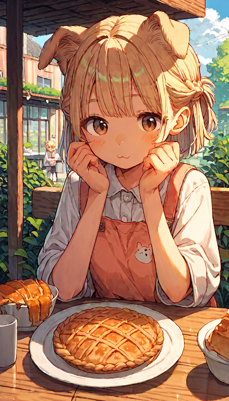 score_9, score_8up, score_7up, score_6up, score_5up,source_anime,cute,kawaii,1girl,solo,blonde hair,dog ears fluff,french braid,brown eyes,pie,outdoors,cafe,cozy,enraptured,daylight,