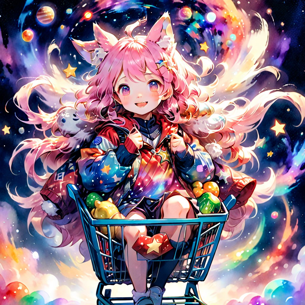 score_9_up, score_8_up, score_7_up,score_6_up,score_5_up,source_anime,masterpiece,best quality,illustration,cute,kawaii,1girl,solo,pink Iridescent hair,wofl girl,long hair,on shopping cart,The girl riding a shopping cart through warp space speeds forward as if cutting through the wind. Her hair dances in the breeze, and her eyes are filled with sparkle. Stars and galaxies spread out around the cart, creating a fantastical scene as if she is racing through the universe. Her smile is full of adventure, evoking a sense of limitless possibilities,source_furry,(furry:1.5),watercolor \(medium\)